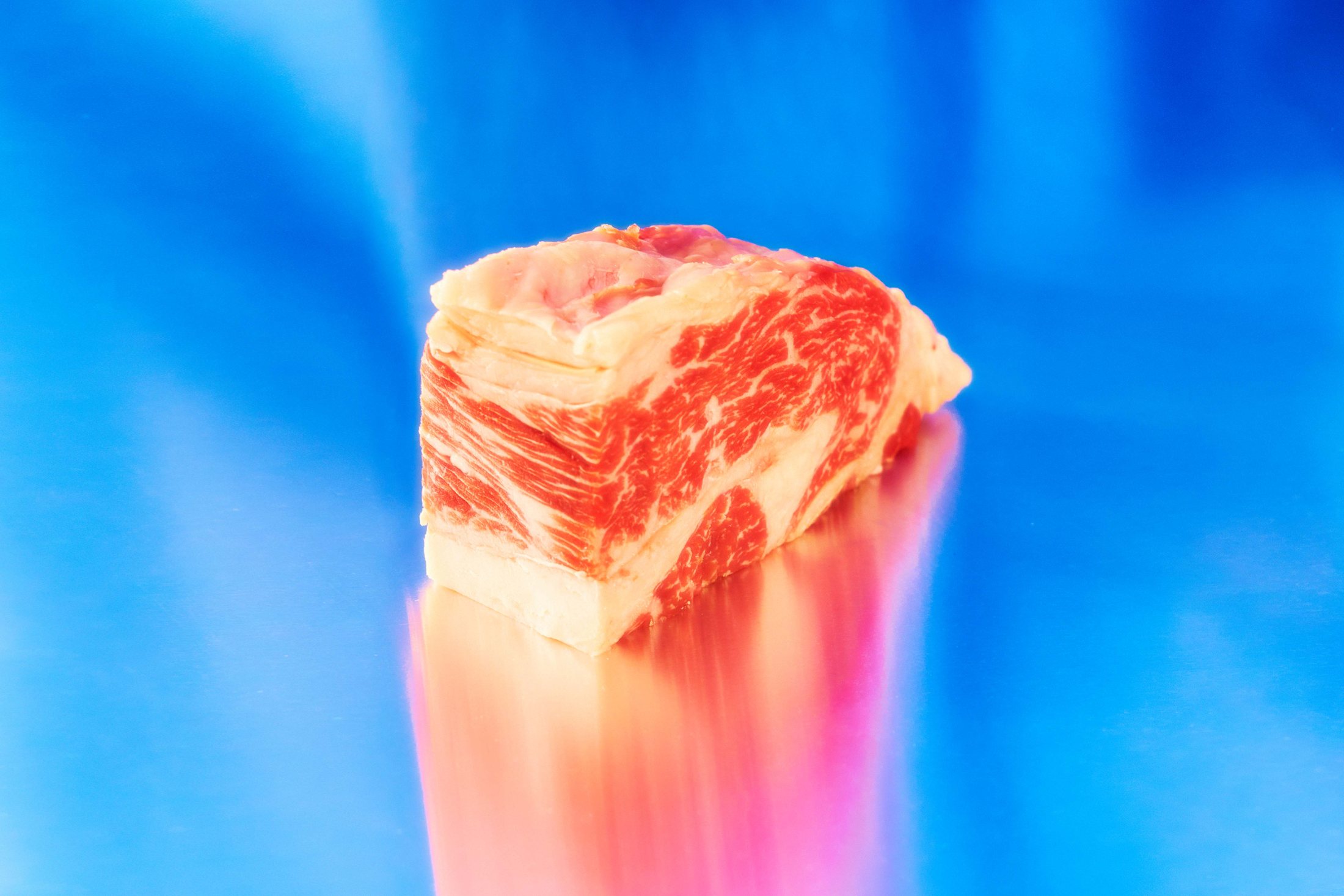 Taglio di carne frollata su fondo blu elettrico